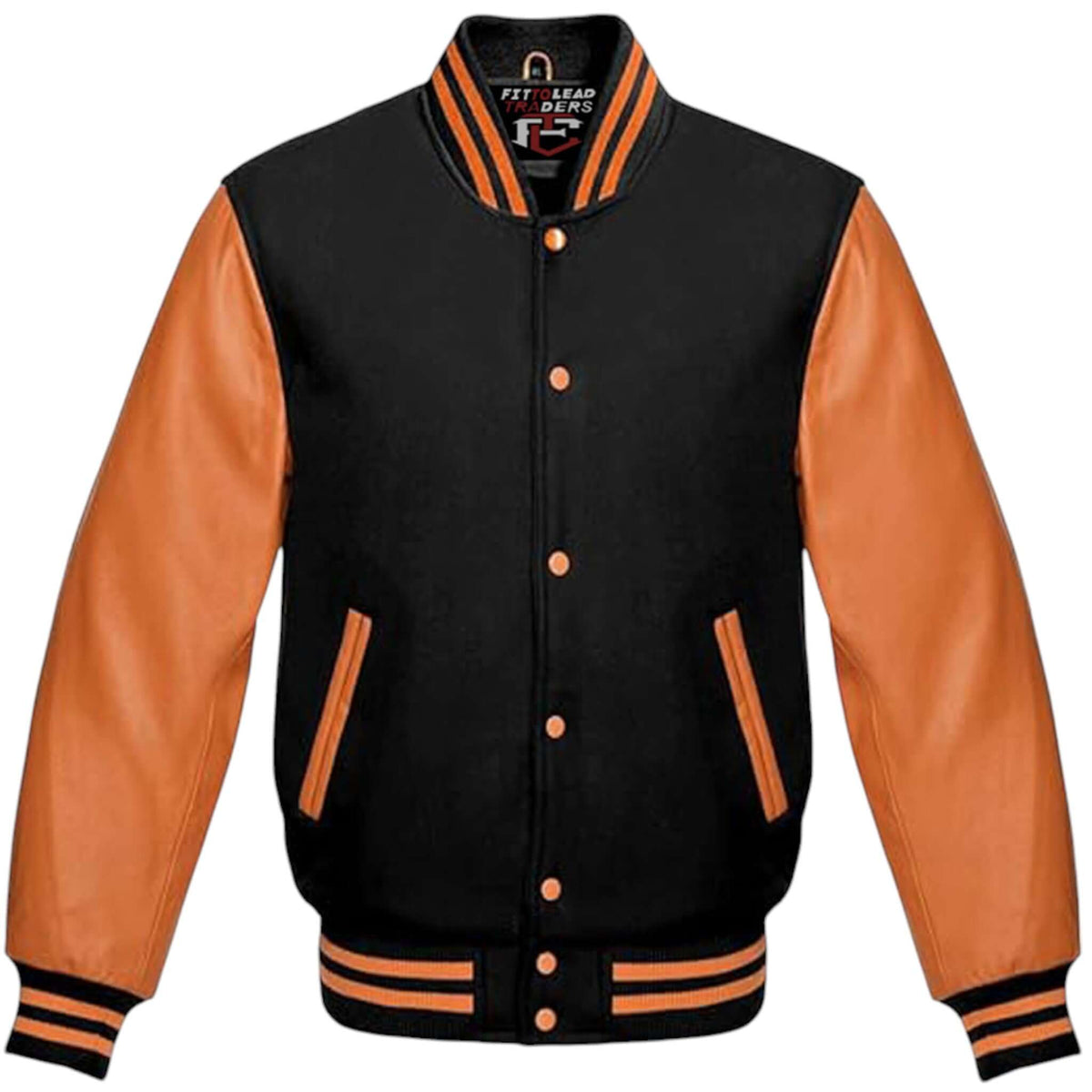 Unisex Varsity Jacket Wool Body with Orange Leather Sleeves