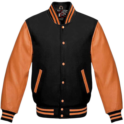 Unisex Varsity Jacket Wool Body with Orange Leather Sleeves