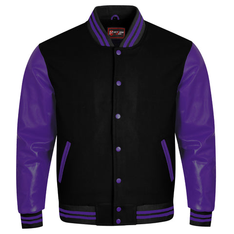 A varsity-style jacket with a black body and purple sleeves, featuring a snap-button front, ribbed collar, cuffs, and hem, shown on a plain white background.