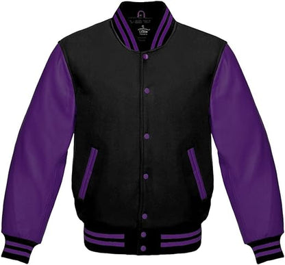 Premium Varsity Jacket Purple Leather Sleeves Classic College Bomber Style
