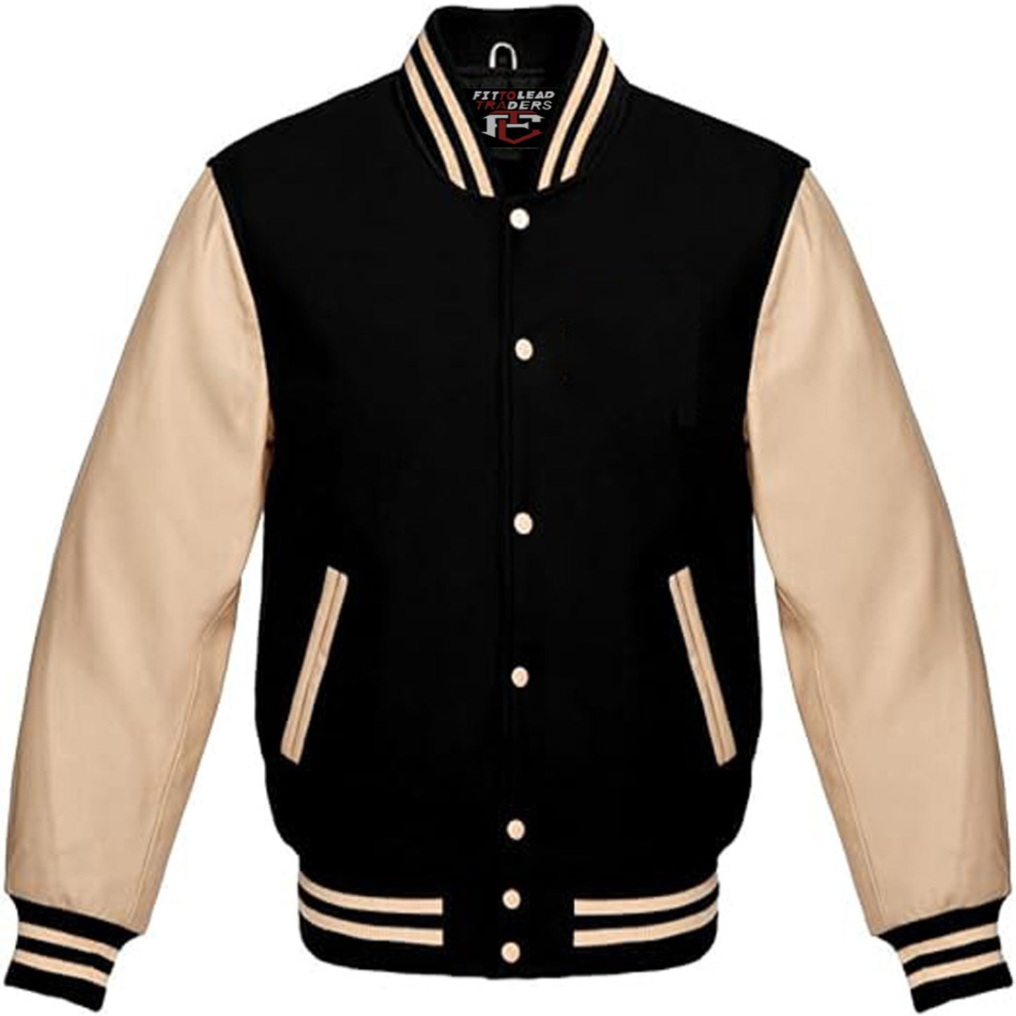 Black and beige varsity jacket with buttons on a white background