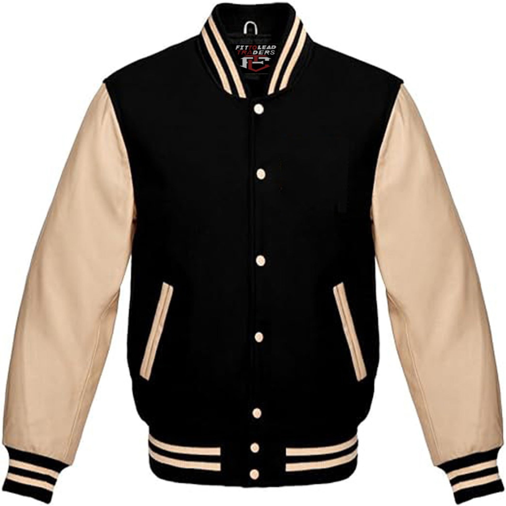 Black and beige varsity jacket with buttons on a white background