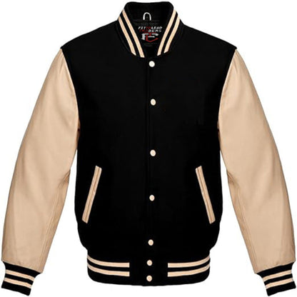 Black and beige varsity jacket with buttons on a white background