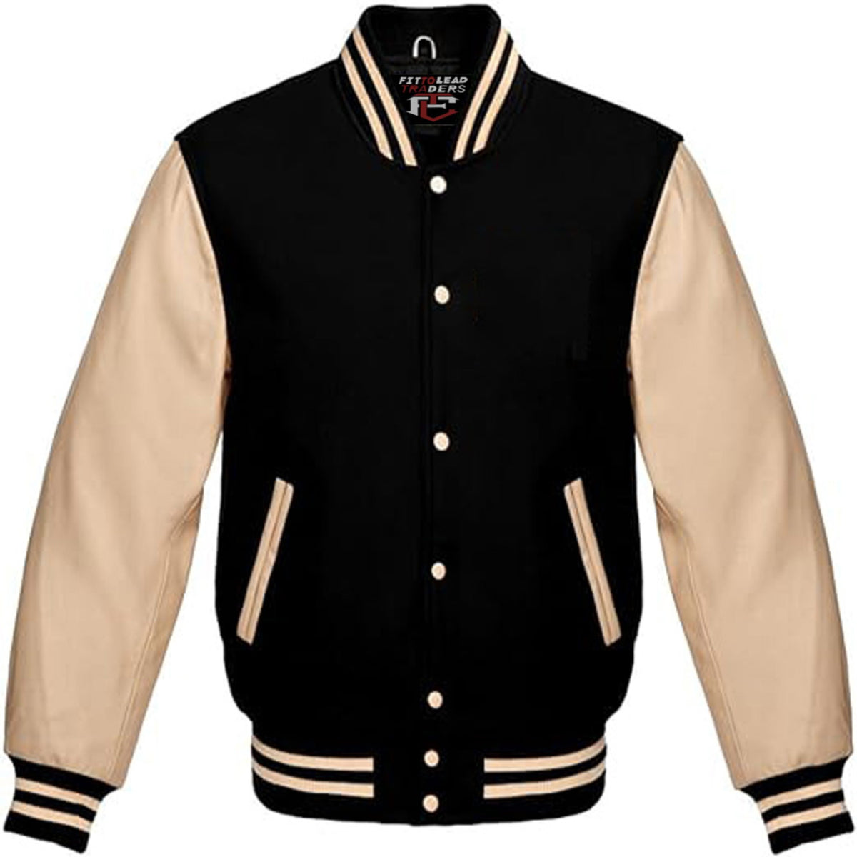 Classic Wool Varsity Jacket with Cream Leather Sleeves