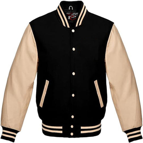 Classic Wool Varsity Jacket with Cream Leather Sleeves