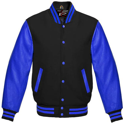 A multicolor varsity style jacket with a black wool body and royal blue leather sleeves, featuring a full front snap button closure and ribbing on cuffs, collar, and hem.