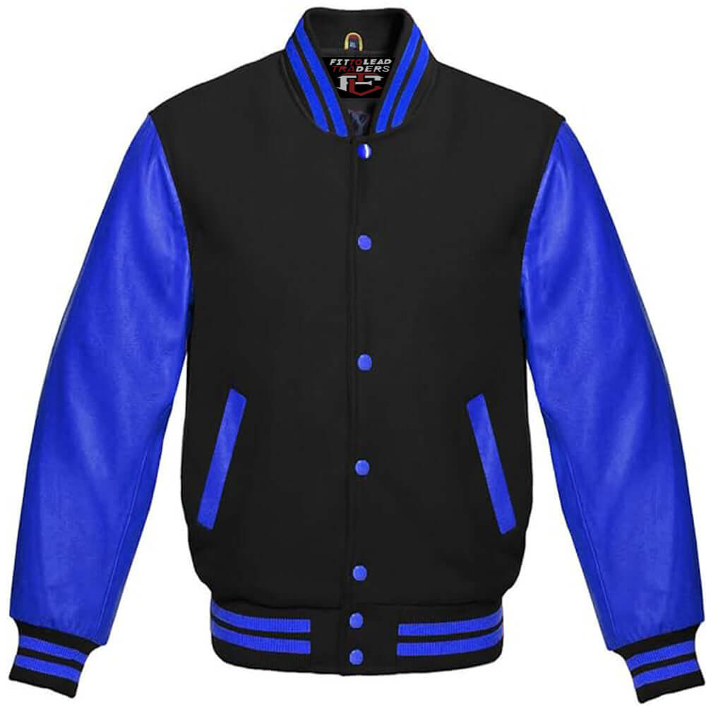 Multicolor Wool Varsity Jacket in Royal Blue Leather Sleeves