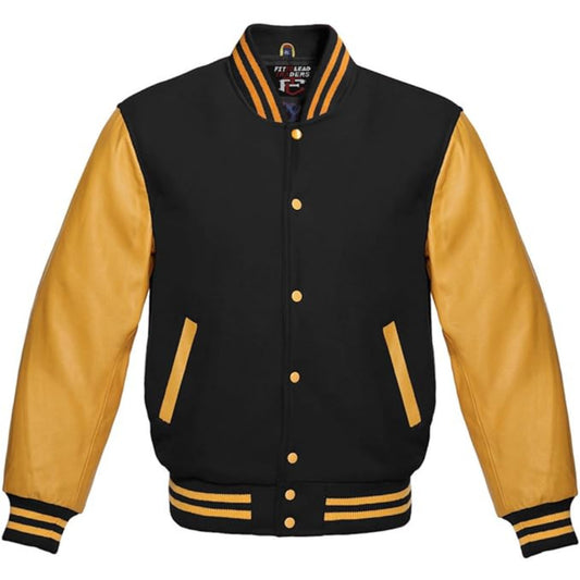 Black and yellow varsity jacket with button details on a white background