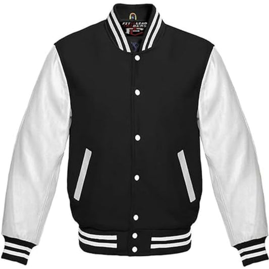Black and white varsity jacket on a white background