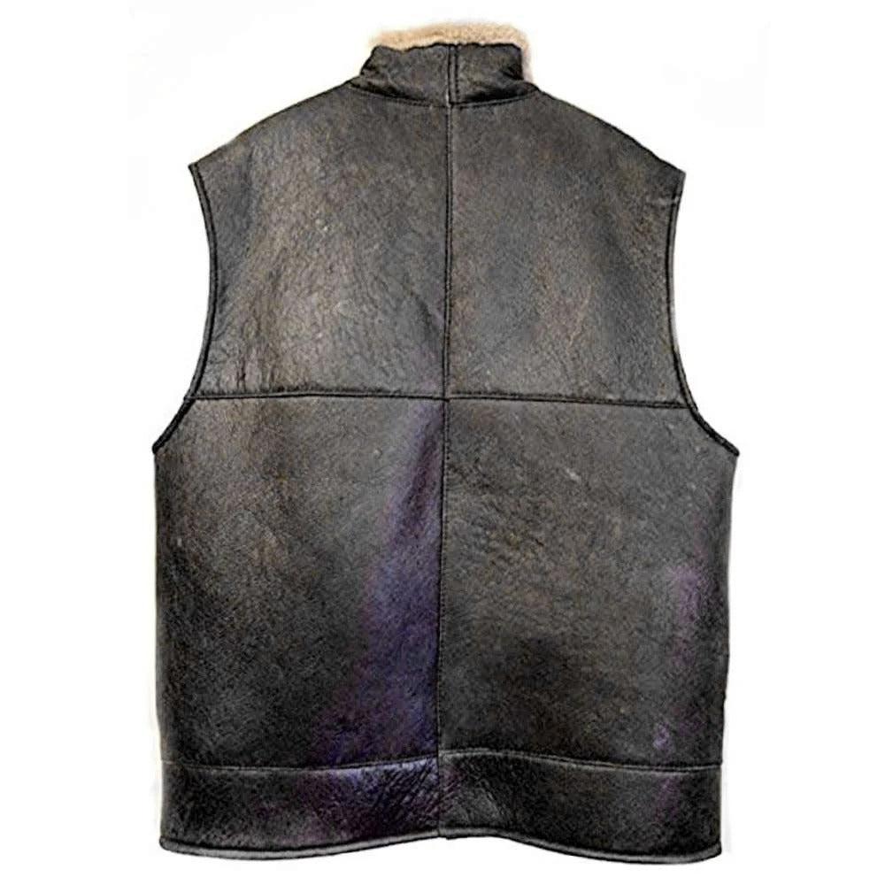 A black leather vest with a high collar and a light beige fleece lining, shown from the back against a plain white background.