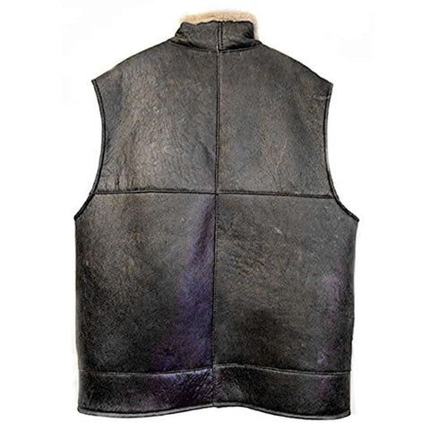 A black leather vest with a high collar and a light beige fleece lining, shown from the back against a plain white background.