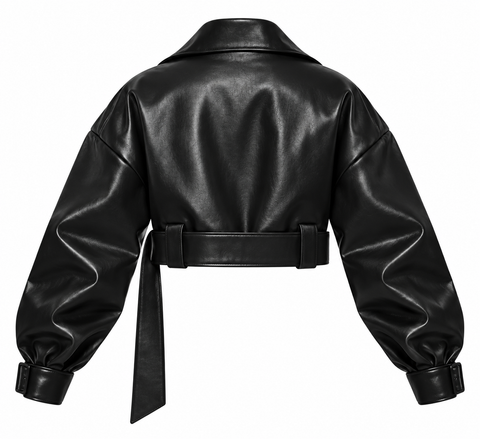 Women’s Black Cropped Genuine Leather Jacket with Belt