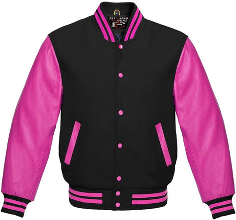 Hot Pink Leather Varsity Baseball Jacket Premium Wool Blend