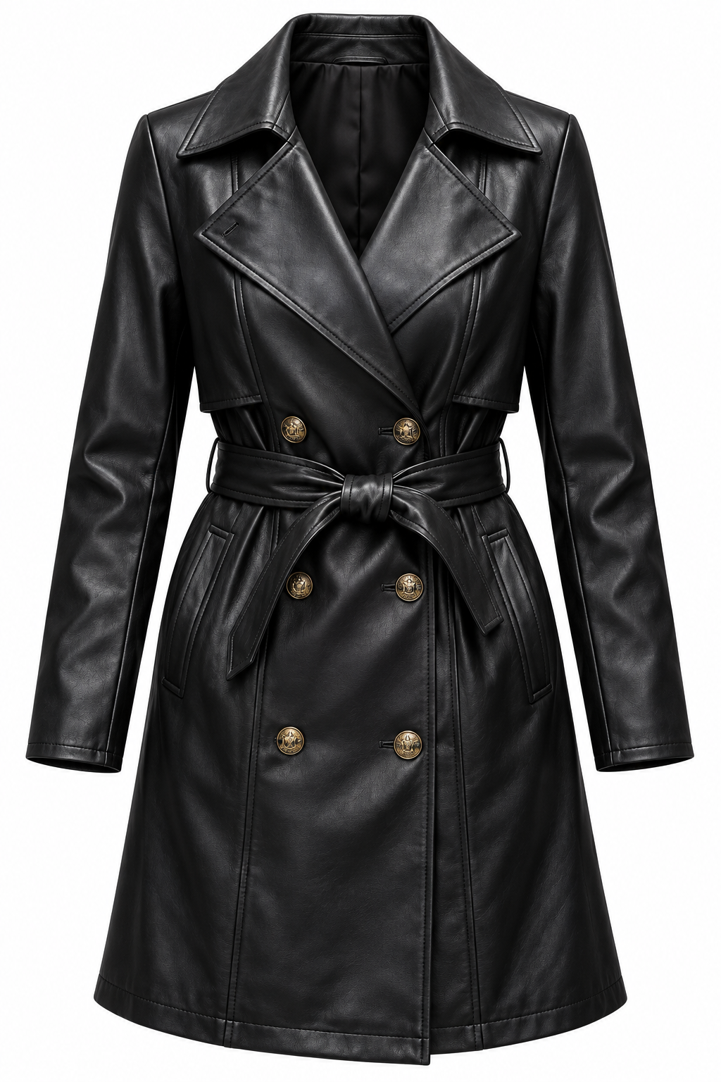 Women’s Black Leather Trench Coat – Double-Breasted Belted Long Coat