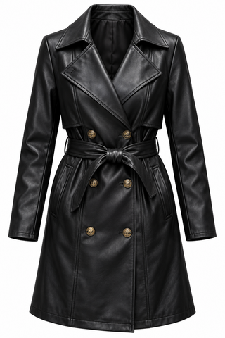 Women’s Black Leather Trench Coat – Double-Breasted Belted Long Coat