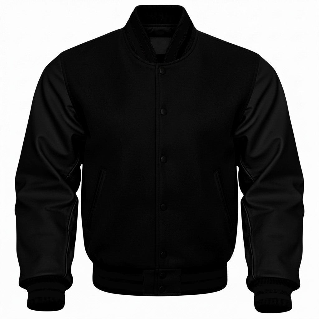 Black Wool & Leather Varsity Letterman Jacket – Classic Unisex Bomber