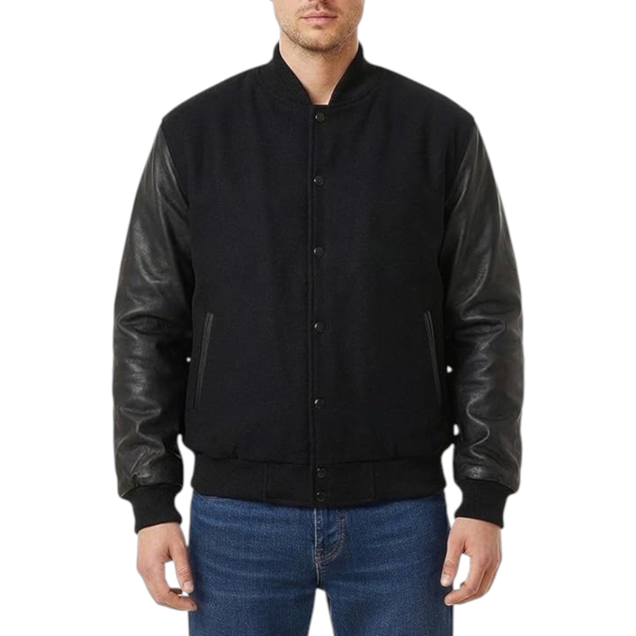 Black Wool & Leather Varsity Letterman Jacket – Classic Unisex Bomber 