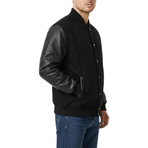 Black Wool & Leather Varsity Letterman Jacket – Classic Unisex Bomber 