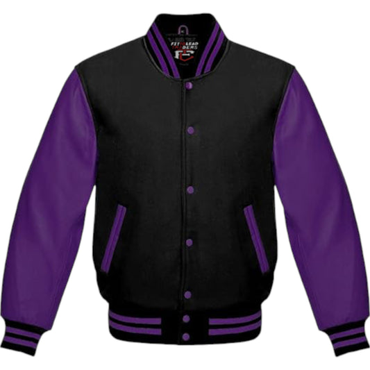 Premium Varsity Jacket Purple Leather Sleeves Classic College Bomber Style