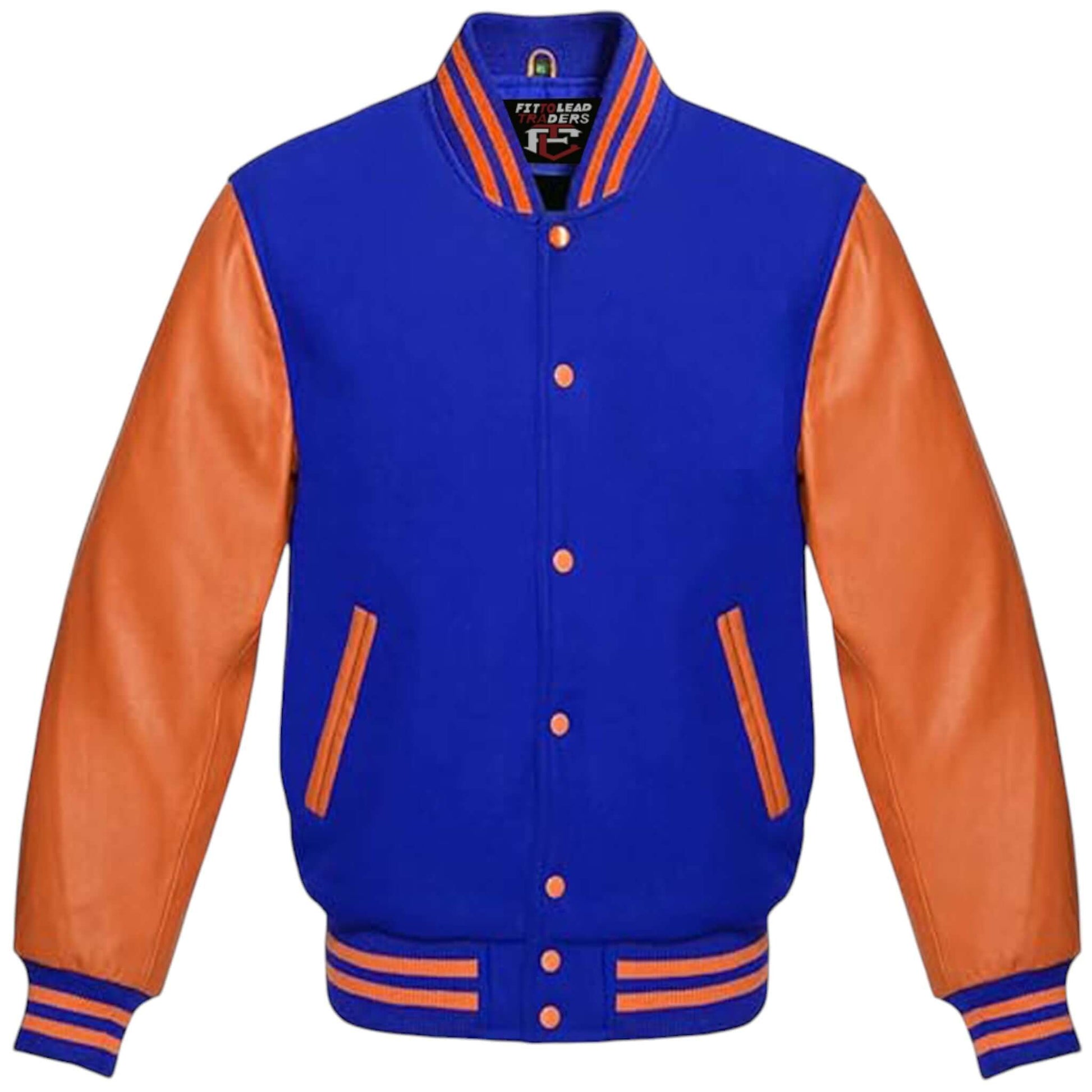 Unisex Varsity Jacket Wool Body with Orange Leather Sleeves