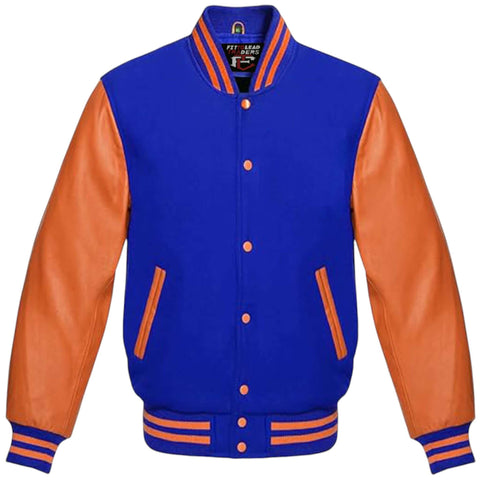 Unisex Varsity Jacket Wool Body with Orange Leather Sleeves