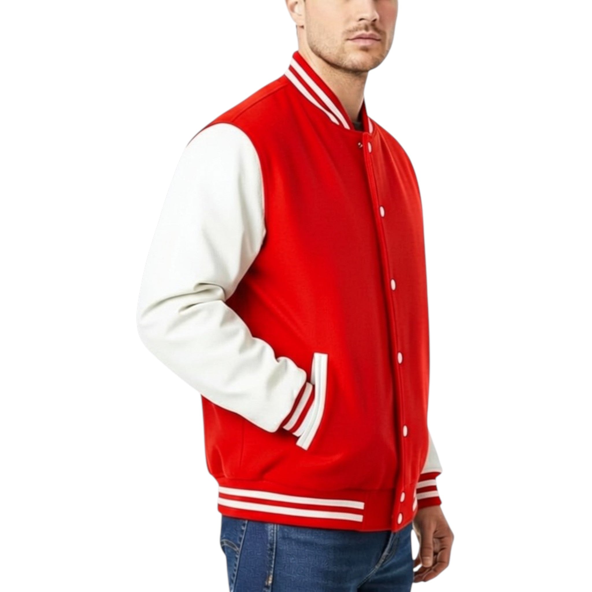 Bright Red varsity jacket with white sleeves on a white background