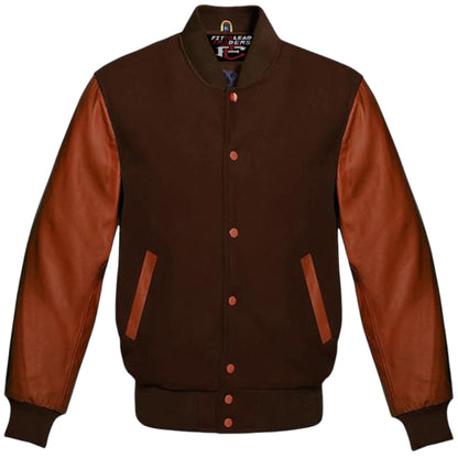 Custom Color Varsity Jacket Unisex – Brown Leather Sleeve Wool