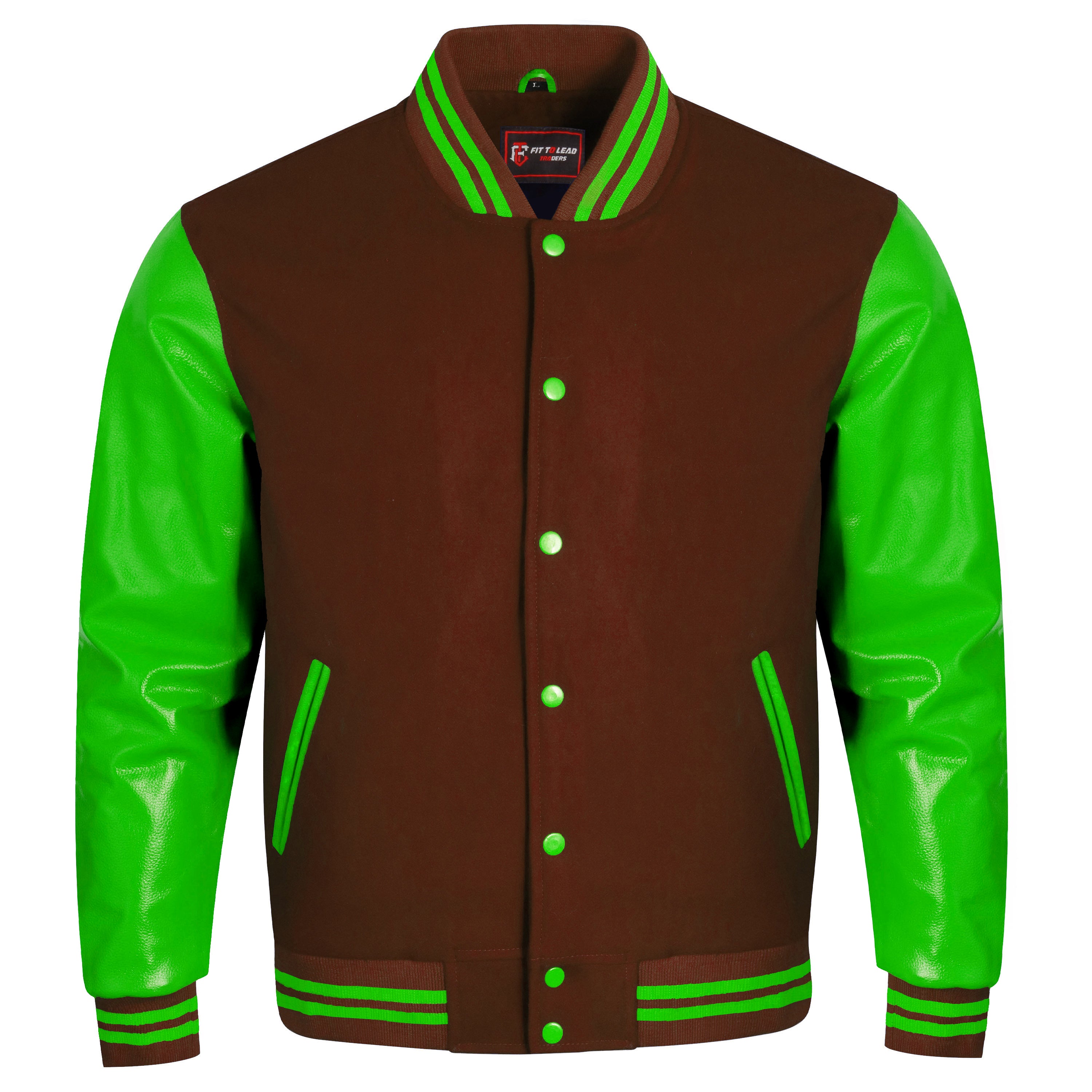 A varsity-style jacket with a brown body and bright green sleeves, featuring green striped ribbed collar, cuffs, and hem, and matching green buttons, shown on a plain white background.
