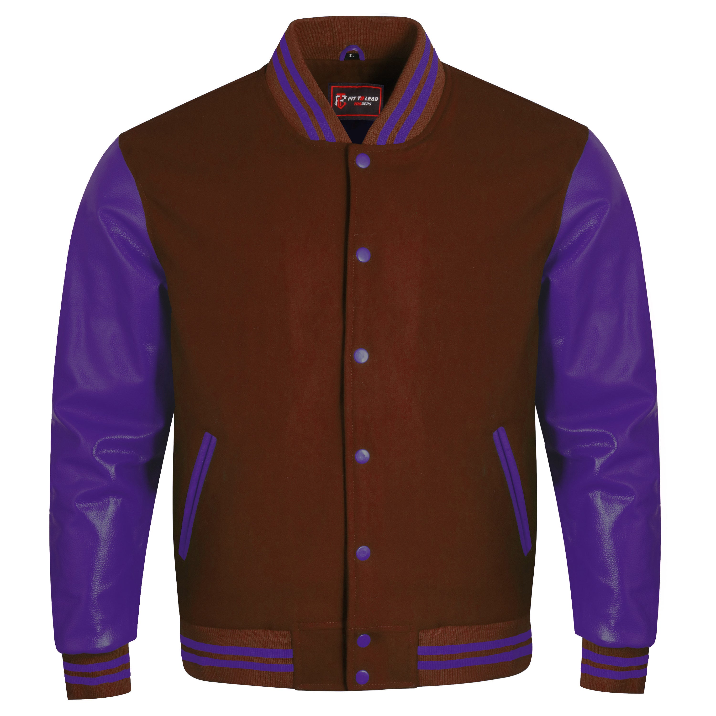 A varsity-style jacket with a brown body and bright green sleeves, featuring green striped ribbed collar, cuffs, and hem, and matching green buttons, shown on a plain white background.