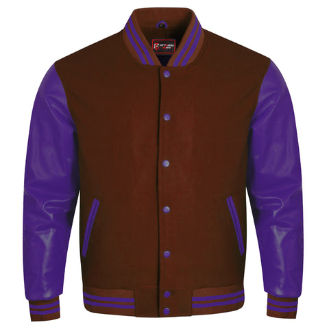 A varsity-style jacket with a brown body and bright green sleeves, featuring green striped ribbed collar, cuffs, and hem, and matching green buttons, shown on a plain white background.