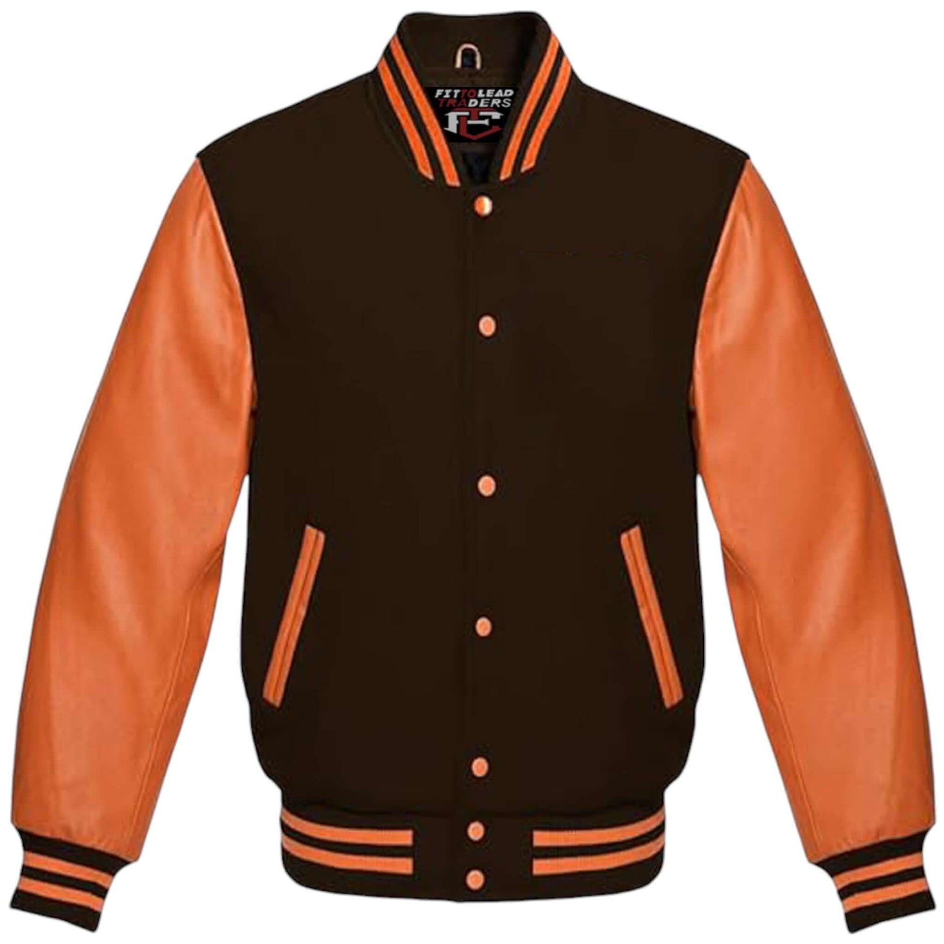 Unisex Varsity Jacket Wool Body with Orange Leather Sleeves
