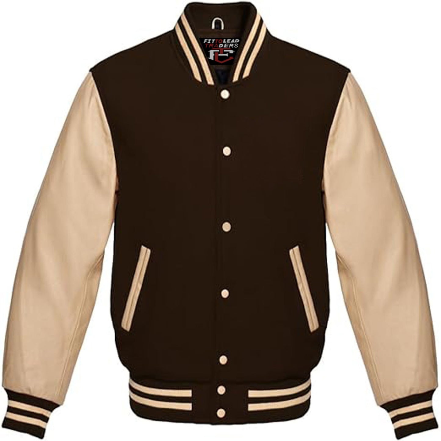 Brown and beige varsity jacket on a white background