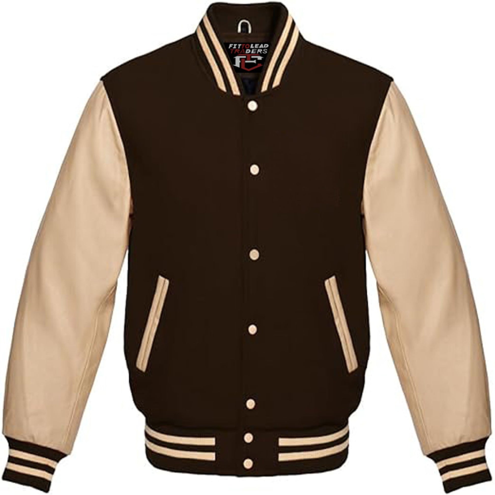 Brown and beige varsity jacket on a white background
