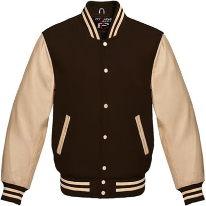 Brown and beige varsity jacket on a white background