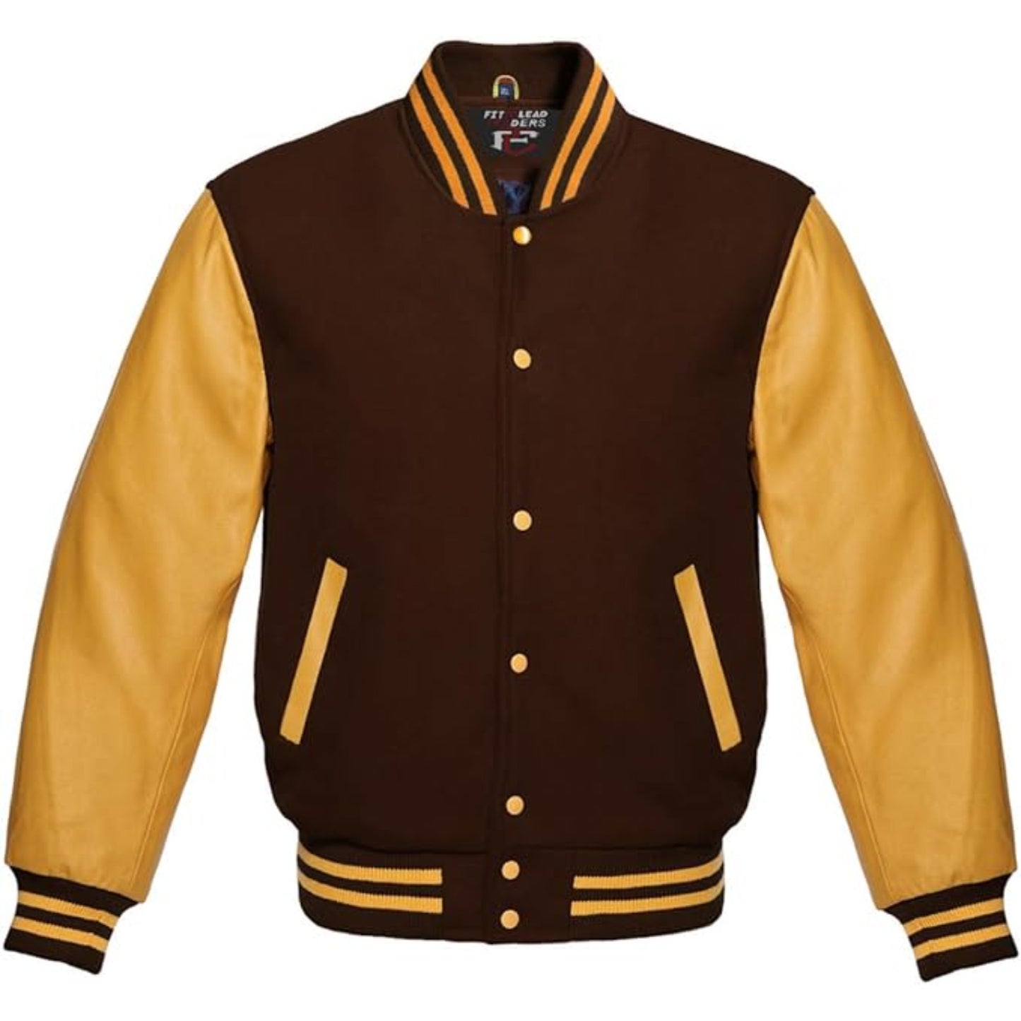 Brown and yellow varsity jacket with button details on a white background