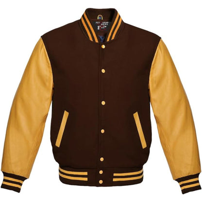 Brown and yellow varsity jacket with button details on a white background