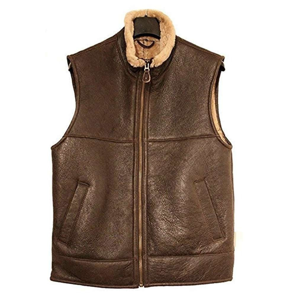 A brown faux-leather zip-up vest with a beige sherpa fleece lining on the collar and inside the pockets, displayed on a black hanger against a white background.