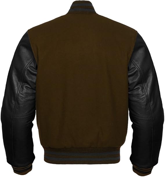 A classic varsity-style jacket shown from the back, featuring a solid dark brown wool body and black leather sleeves, with ribbed knit collar, cuffs, and hem.