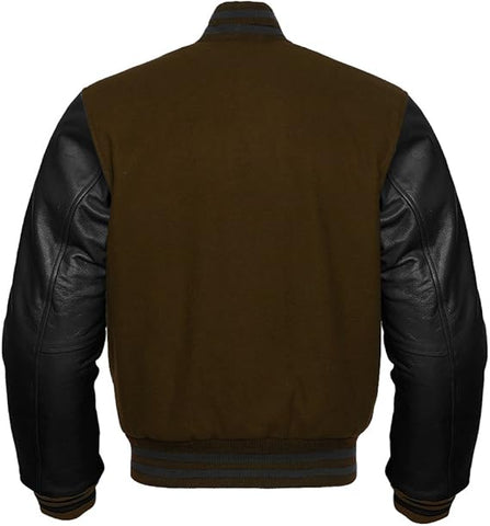 A classic varsity-style jacket shown from the back, featuring a solid dark brown wool body and black leather sleeves, with ribbed knit collar, cuffs, and hem.