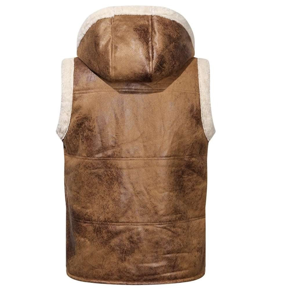 Brown faux-leather hooded vest with cream-colored fleece lining, shown from the back on a white background.