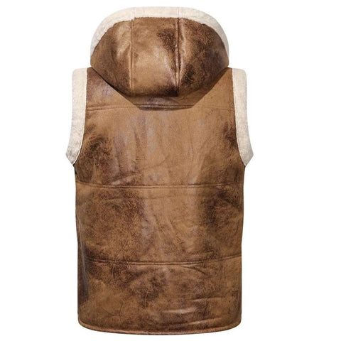 Brown faux-leather hooded vest with cream-colored fleece lining, shown from the back on a white background.