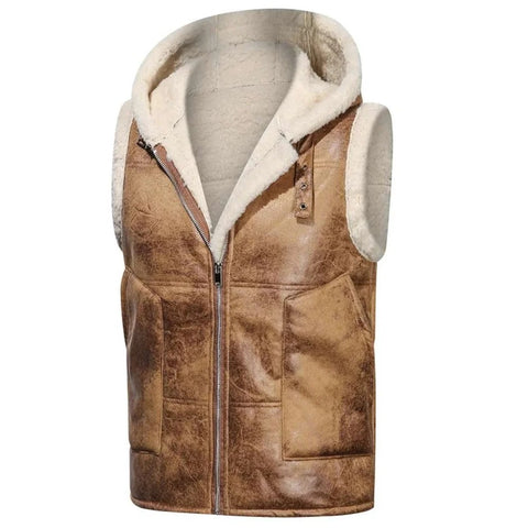 A brown faux-leather vest with a cream sherpa lining, featuring a front zipper, a hood with a matching cream lining, and two front patch pockets.