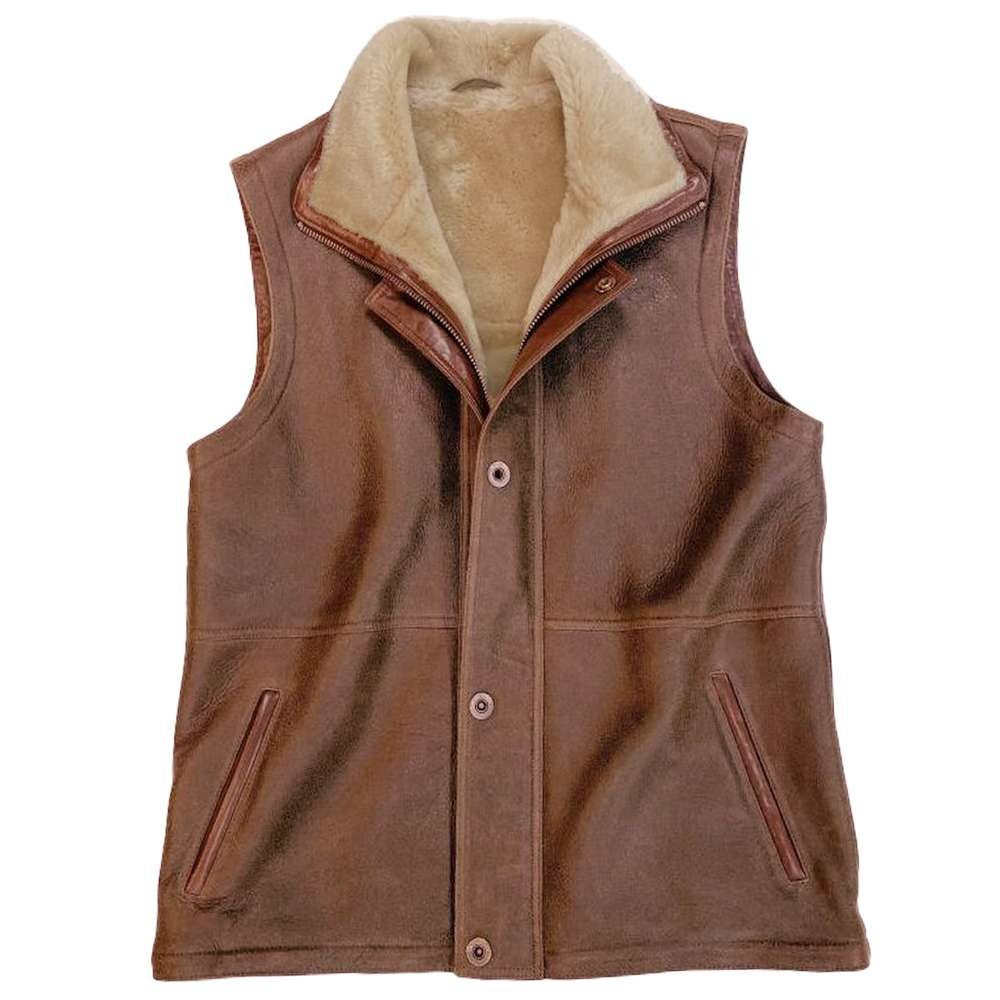 A brown leather vest with a beige sherpa lining, featuring a button-up front and zippered side pockets, shown against a plain white background.