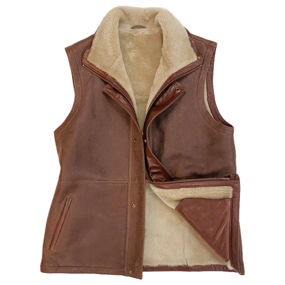 A brown leather aviator-style vest with a thick beige sherpa lining, featuring a front zipper, snap buttons, and a zippered front pocket.