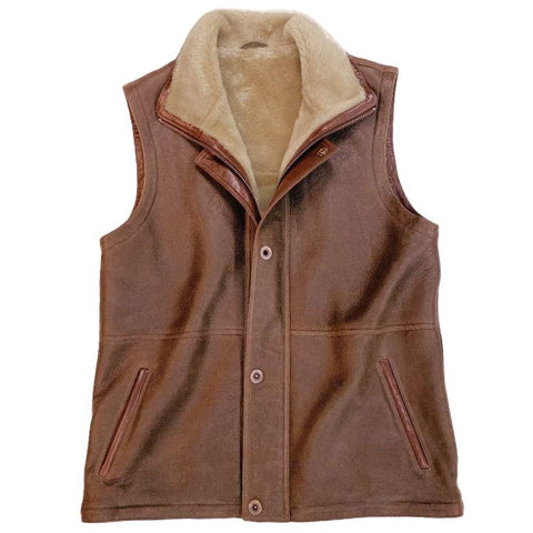 A brown leather vest with a beige sherpa lining, featuring a button-up front and zippered side pockets, shown against a plain white background.