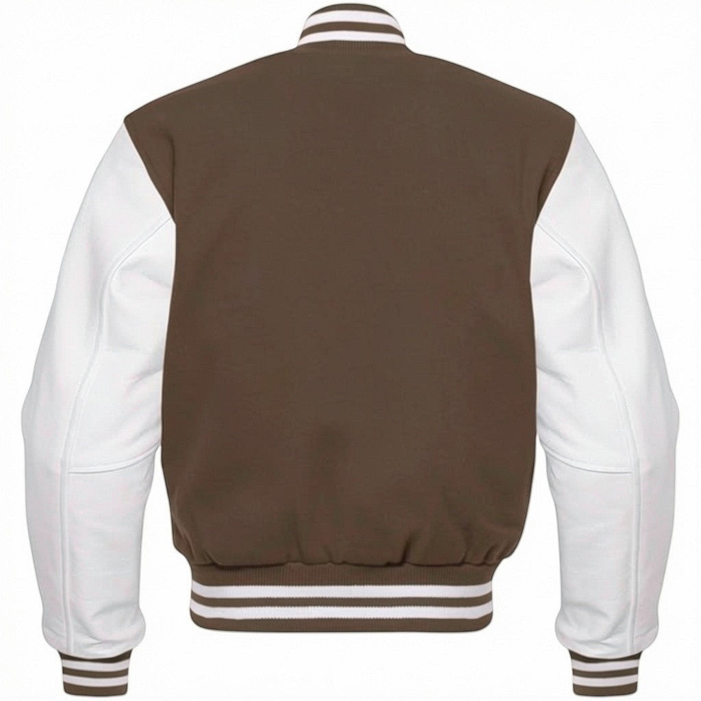 Fit to lead Traders unisex brown varsity jacket with white sleeves, ribbed collar, cuffs, and hem. Classic college streetwear style.