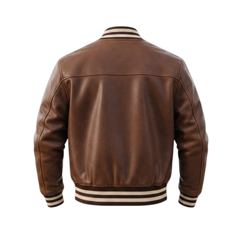 Brown leather jacket with striped cuffs and collar on a white background