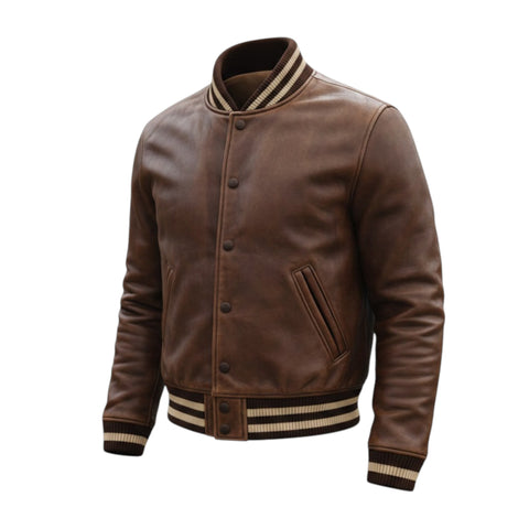 Brown leather jacket with striped trim on a white background