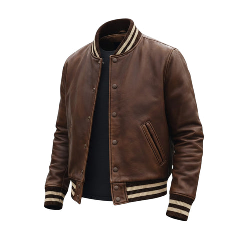 Brown leather jacket with striped cuffs and collar on a white background