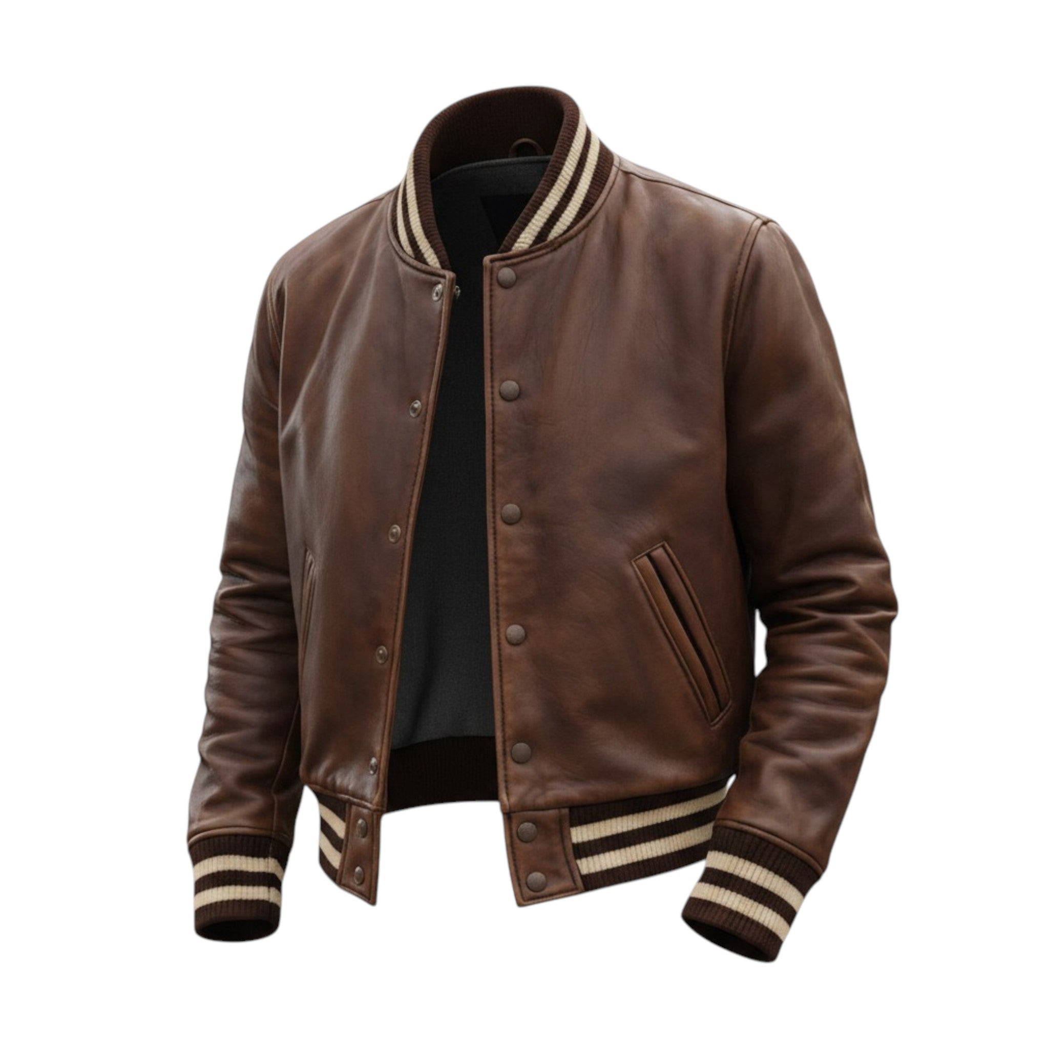 Brown leather jacket with striped cuffs and collar on a white background